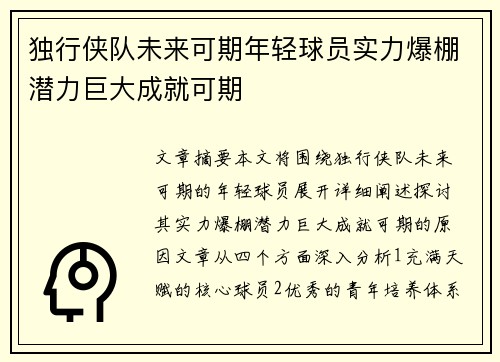 独行侠队未来可期年轻球员实力爆棚潜力巨大成就可期