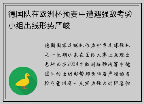 德国队在欧洲杯预赛中遭遇强敌考验小组出线形势严峻
