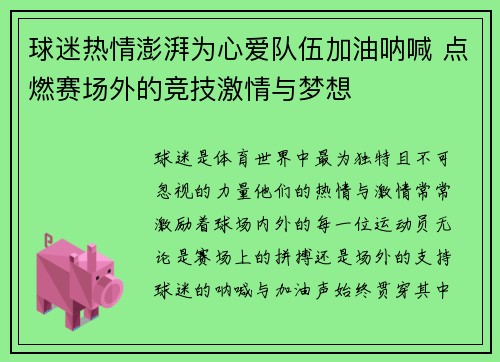 球迷热情澎湃为心爱队伍加油呐喊 点燃赛场外的竞技激情与梦想