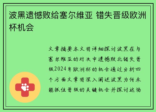 波黑遗憾败给塞尔维亚 错失晋级欧洲杯机会