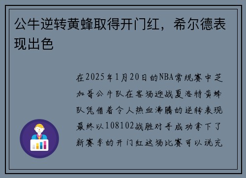 公牛逆转黄蜂取得开门红，希尔德表现出色