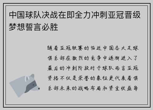 中国球队决战在即全力冲刺亚冠晋级梦想誓言必胜