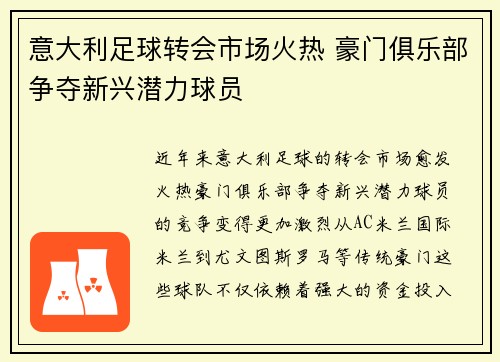 意大利足球转会市场火热 豪门俱乐部争夺新兴潜力球员