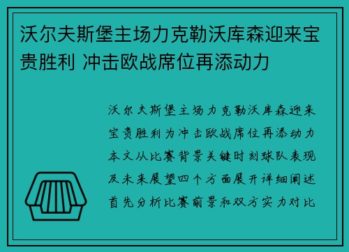 沃尔夫斯堡主场力克勒沃库森迎来宝贵胜利 冲击欧战席位再添动力