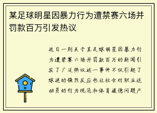 某足球明星因暴力行为遭禁赛六场并罚款百万引发热议