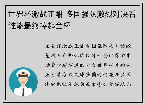 世界杯激战正酣 多国强队激烈对决看谁能最终捧起金杯